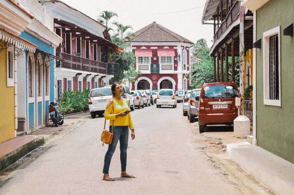 The Spicy Journey wearing a bright top in Fontainhas Panjim