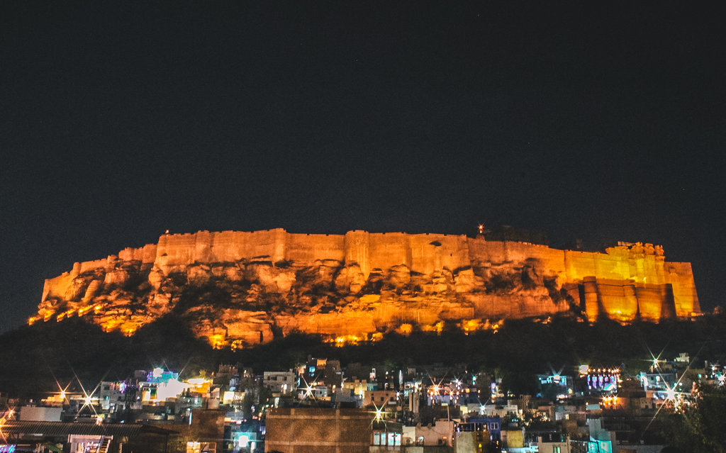 Night view of Mehrangrah fort from Zostel rooftop, Jodhpur Rajasthan