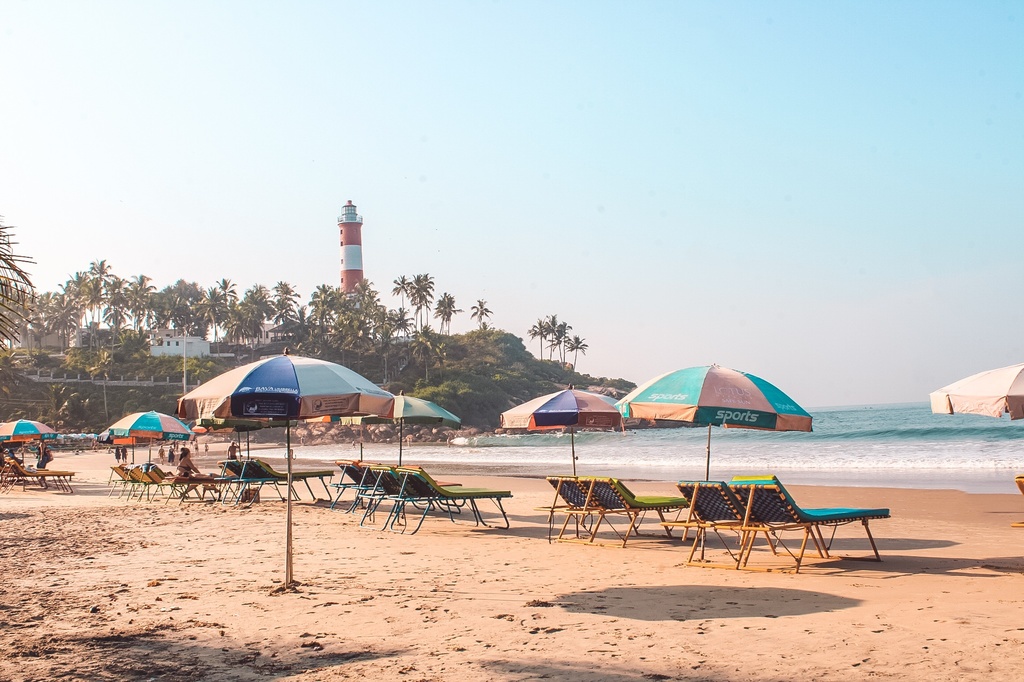 Lounge chairs at lighthouse beach Kovalam