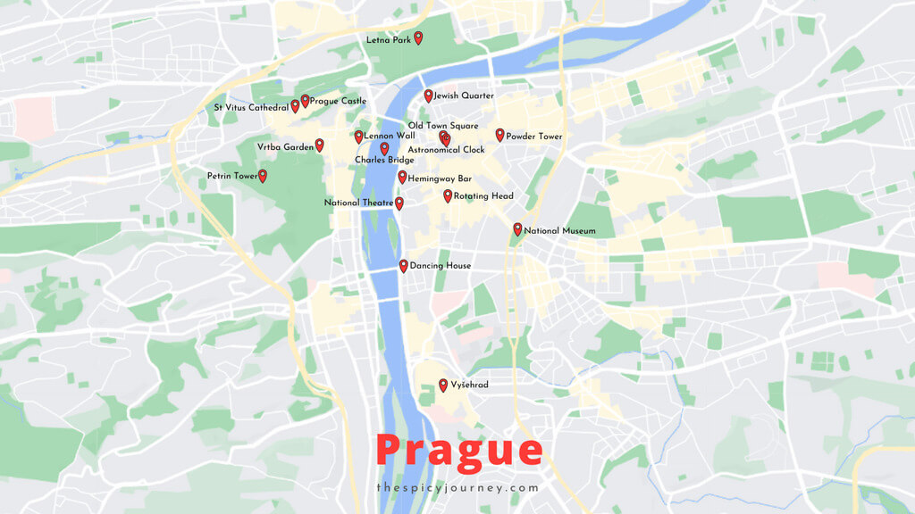 Map of places to visit in Prague in 2 days