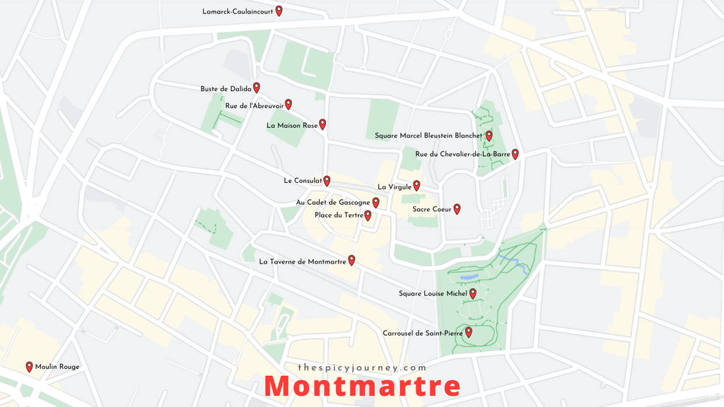 Montmartre map for a Montmartre walking tour - All the best things to do in 1 day in Montmartre